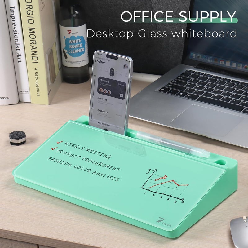 TOWON Small Compact Glass Desktop Whiteboard with Storage – 12 x 7 in Dry Erase Board for Desk, Home Office, School | Includes 5 Markers, Eraser & Holder | Space-Saving Organizer, Aesthetic Mint Green - Image 2